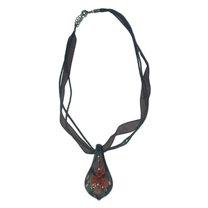 teardrop glass floral pendant & ribbon necklace